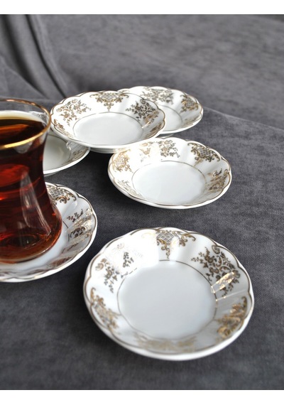 6 Adet Porselen Çay Tabağı Altın Yaldızlı Çay Tabak - Myra Gold