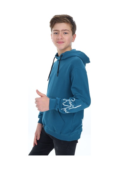 Toontoy Kids Toontoy Erkek Çocuk Oversize Kapüşonlu Cepli Düşük Omuz Baskılı Sweatshirt - 2 İplik Petrol Mavi