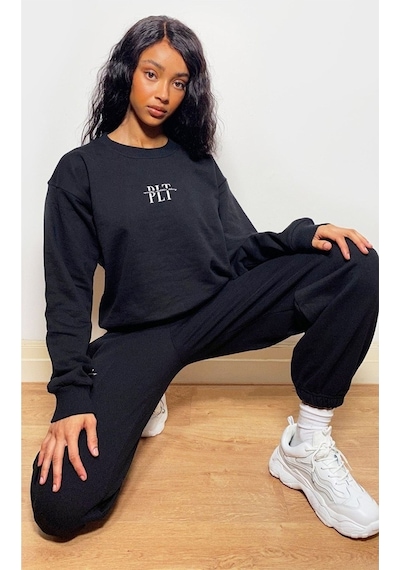Minimal Eşofman Takımı Sweatshirt Jogger - Baskılı Oversize Bisiklet Yaka Şardonlu Lastik Paça Siyah