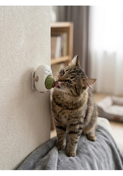 Kahverengi Sevimli Figürlü Dönen Kedi Nanesi Topu - Doğal Catnip Duvara Yapışan Kedi Oyuncağı