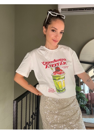 Ali Butik Ekru Strawberry Matcha Baskılı Tişört