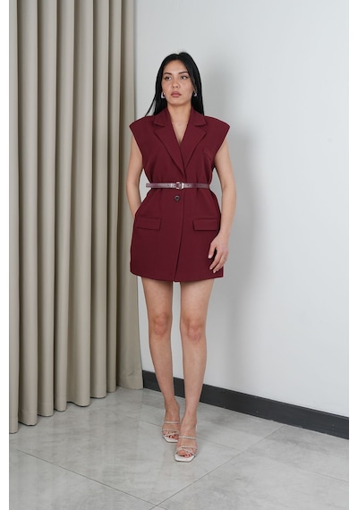 Rawea Kemerli Şal Yaka Blazer Yelek - Oversize & Pamuklu Bordo