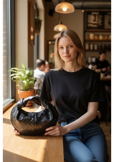Glemix Helen Düğümlü Siyah Örgü Desen Trend Mini Kadın Bowl Bag Siyah Örgü Cilt
