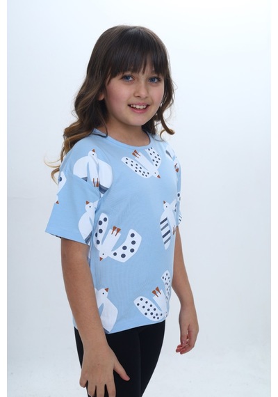 Toontoy Kids Toontoy Kız Çocuk Kuş Pano Baskılı Tişört Mavi