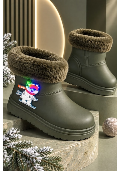 Muggo Mely Kürk Detaylı Unisex Çocuk Günlük Yağmur Ve Kar Botu Haki