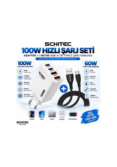 Schitec 100w 4 Çıkışlu Hızlı Şarj Başlığı Ve Usb-a To Type-c 60w Hızlı Şarj Ve Data Kablosu