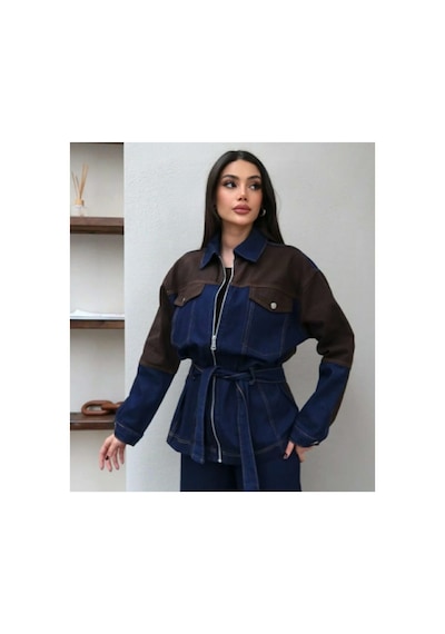 Asur Boutique Asur Butik Kadın Çift Renkli Geniş Kalıp Kot Takım Lacivert