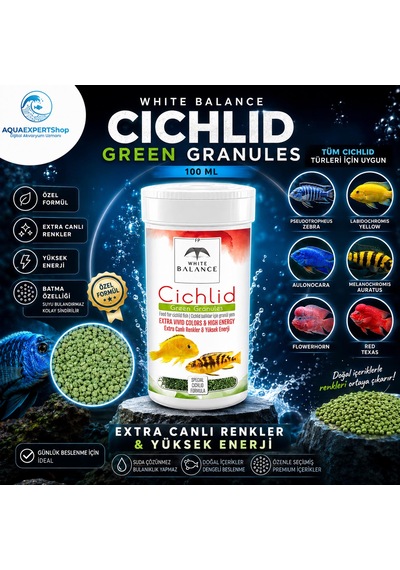 White Balance Cichlid Green Granules - Cichlid Balıkları İçin Özel Formül - Besleyici Ve Renk Canlandırıcı İçerik - 100 Ml