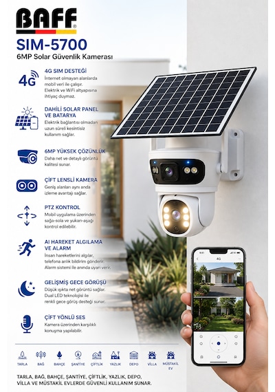 SIM-5700 6MP 4G SIM Kartlı Solar Güvenlik Kamerası Çift Lens PTZ Renkli Gece Görüşlü Dış Mekan (ICSEE)