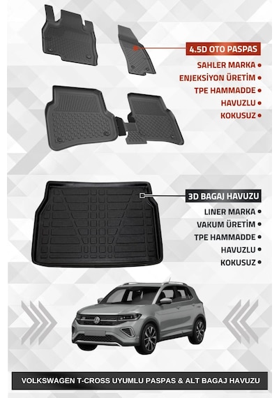 Sahler Volskwagen T-cross 2022+ Uyumlu 4.5d Premium Havuzlu Oto Paspas Ve Liner Marka 3d Alt Bagaj H