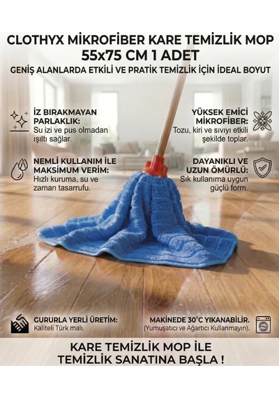 Mikrofiber Kare Temizlik Mop 55 75 Cm 1 Adet - Mavi