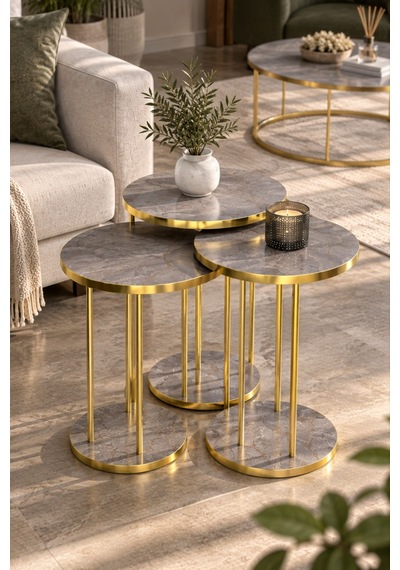 Sulorahome Sehpa Ve Zigon Sehpa Seti - Gri Ve Gold Antrasit - Gri - Altın