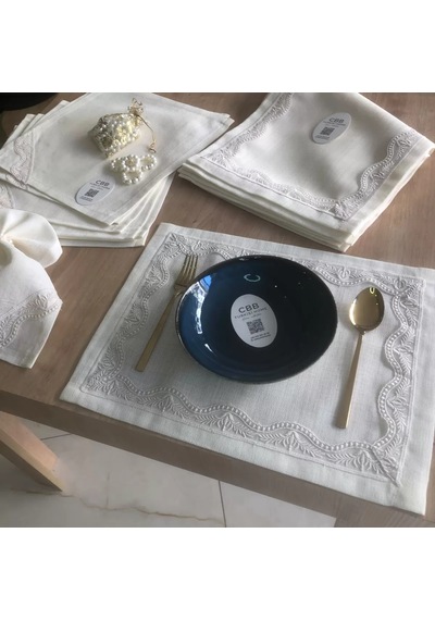 Buradabulabilirsin Sofra Takımı Lina Gardenya Keten Yemek Takımı 160x260 Masa Seti 26 Parça Runner Set Krem Bbz