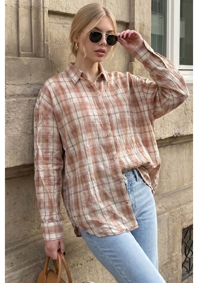 Madmext Bej Basic Kare Desenli Kadın Gömlek Mg2828