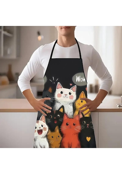 Valkyrie Kedi Desenli Mutfak Önlüğü Cepli Ayarlanabilir Askılı Unisex Mutfak Temizlik Önlüğü Siyah