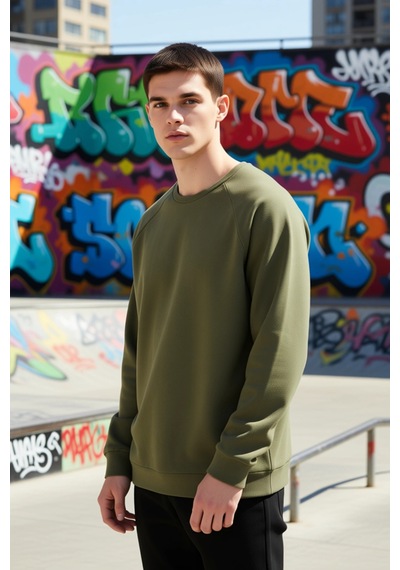 Benerly Erkek Bisiklet Yaka Reglan Kol Oversize Kalıp Sweatshirt Fonksiyo Haki