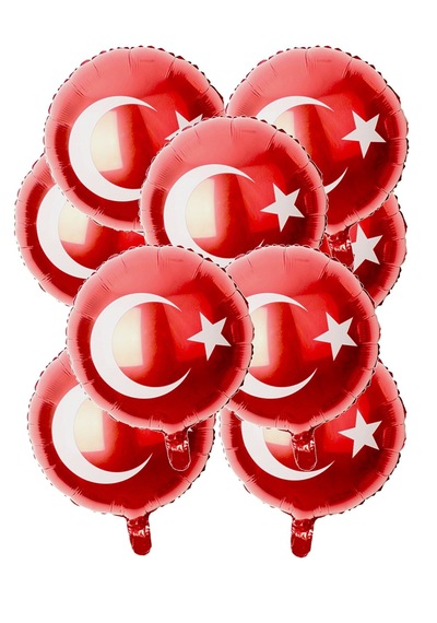 10 Adet Türk Bayrağı Yuvarlak Bayrak Folyo Balon 18 Inc 45cm 23 Nisan 19 Mayıs Kırmızı