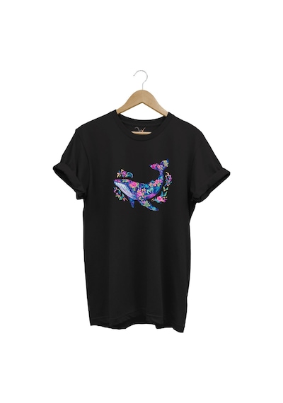Renkli Balık Balina Desenli Baskılı %100 Pamuk Regular Fit Unisex T-shirt Siyah