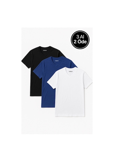 Rich Erkek 3'lü Paket Kısa Kollu %100 Pamuk V Yaka T-shirt Lacivert