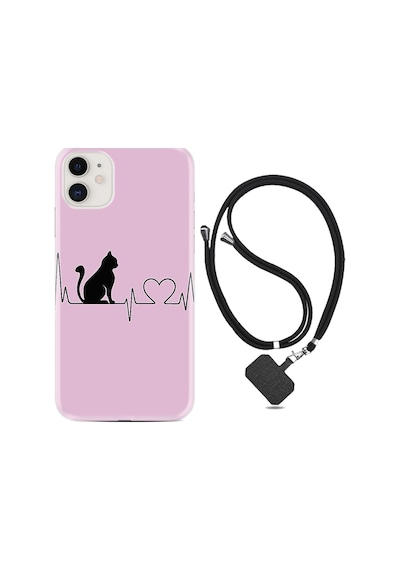 Apple Uyumlu iPhone 11 Kılıf Boyun Askılı Pink Cat Heart 1303