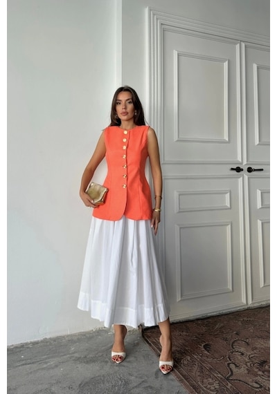 Defymoda Jakar Keten Yelek Belden Oturtmalı Gold Düğmeli - Orange Orange