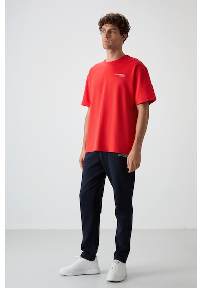Tommy Life Fiesta - Lacivert Pamuklu Kalın Yumuşak Dokulu Oversize Fit Nakışlı Erkek Eşofman Takım - 85252 Kırmızı - Lacivert