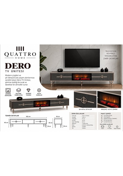 Dero Elektrikli Şömineli Antrasit Gümüş Detaylı Tv Ünitesi 160 Cm