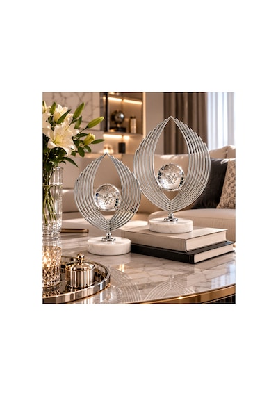 Sleep Nova Gümüş Kristal Küreli Yaprak Formlu Dekoratif Obje 2 Li Set