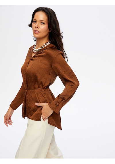 Faik Sönmez Beli Kuşaklı Kapüşonlu Krinkıl Saten Tunik W26tnk016 Uw26tnk01630 Kahve