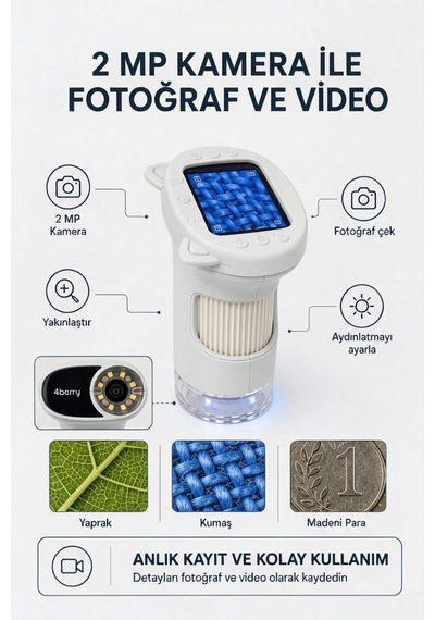 4berry Taşınabilir Fotoğraf Çekebilen Dijital Mikroskop 1000x 2.4 Ips Ekran, 2 Mp Kamera, 8 Led Işık, Type-c Şarjlı Beyaz