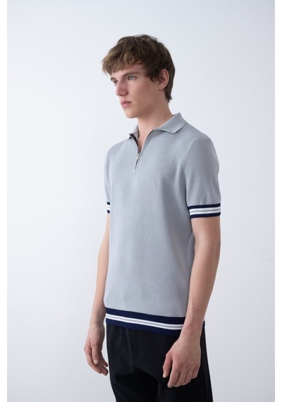 Baselco Triko Polo Yakalı T-shirt - Premium Ribana Detaylı Gri