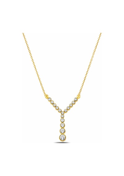 Çekirdekjewelry 925 Ayar Gümüş Gold Kaplama Y Kolye Zirkon Taşlı Zarif Tasarım Sarı