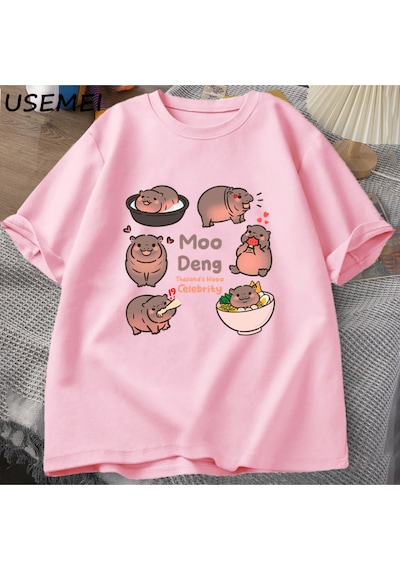 Flood Of Style Tayland Yılında Moo Deng Bouncy Domuz Bebek Hippo Khao Kheow Açık Hayvanat Bahçesi T-shirt Ko Pembe