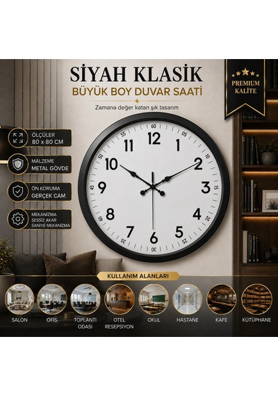 Siyah Klasik Büyük Boy 80 Cm Metal Duvar Saati