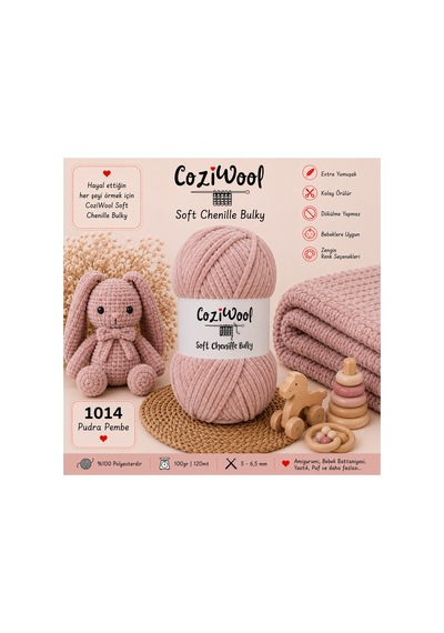 Kadife İp Soft Chenille Bulky 5'li Paket 5x100 Gr 120 Mt El Örgü İpi Pudra Pembe - 875823131
