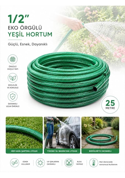 1/2 25 Metre Örgülü Bahçe Hortumu Balkon Bahçe Sulama Temizlik Araç Yıkama Su Hortumu Dolanmaz Kırılmaz Yeşil