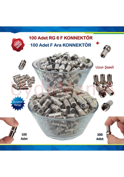 100 Adet Rg6 F Konnektör + 100 Adet F Ara Birleştirici Konnektör