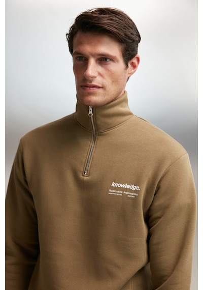 Grimelange Halden  Erkek Içi Polarlı Dik Yaka Yarım Fermuarlı Baskı Detaylı Regular Haki Sweatshirt