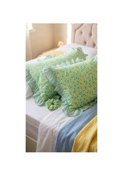 %100 Pamuklu Çiçek Desenli Fırfırlı Yastık Kılıfı 2 Adet 50x70 Cm Mavi - 863744406 Mavi