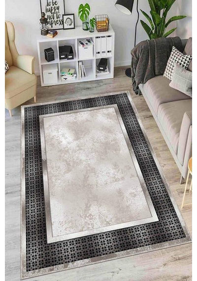 Bej Çerçeveli Kaymaz Tabanlı Makinede Yıkanabilir Halı Ar984n11