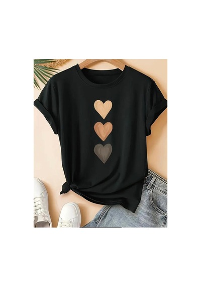 Medinenur Dik Kalpler Baskılı Basic T-shirt Siyah