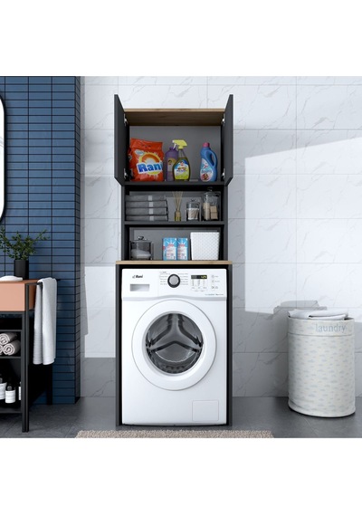 Rani Kd101 Çamaşır Makinesi Dolabı 3 Raflı Kapaklı Banyo Dolabı Antrasit - Sepet Ceviz Rani Kd101 Çamaşır Makinesi Dolabı 3 Raflı Kapaklı Banyo Dolabı Antrasit - Sepet Ceviz