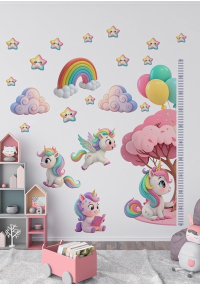 Unicorn Temalı Boy Ölçerli Duvar Sticker Seti - Çocuk Odası Duvar Dekoru, Mat Pvc, Sökülebilir, Boy Ölçer Sku: Smgstk8577edce94