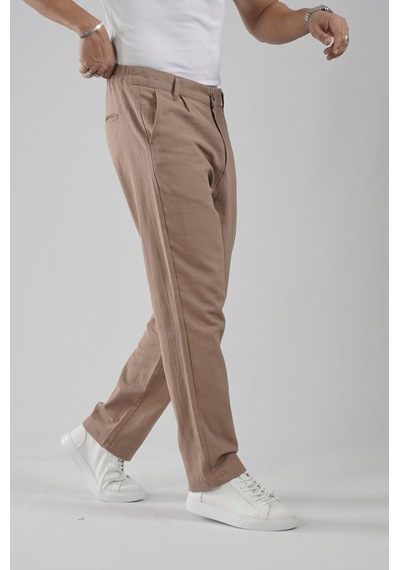 Baggy Fit Kalıp Pamuklu Keten Pantolon VİZON