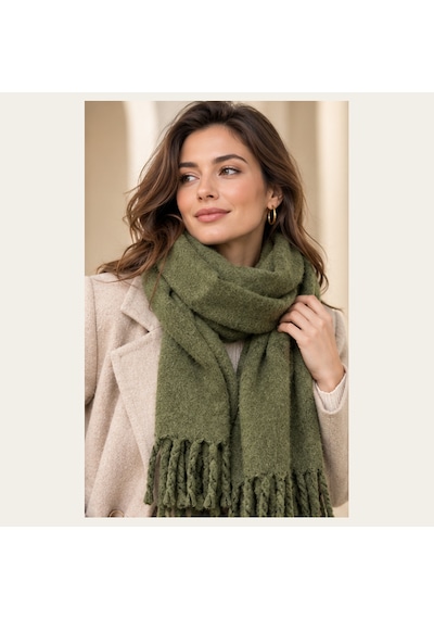 Oliva Muse Haki Yeşil Oversize Soft Touch Püsküllü Kışlık Şal Old Money Stil, Yumuşak Dokulu Premium Kadın Atkı & Omuz Şalı 50x175 Cm Çok Renkli