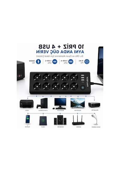 Usb'li Çoklu Priz, 10 Lu Ve 2 Metre Kablo İle Ev Ve Ofis İçin Uygun