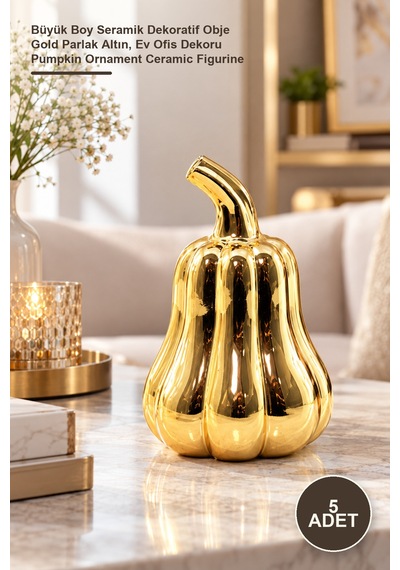 5 Adet Uzun Saplı Balkabağı Tasarımlı Biblo Büyük Boy Seramik Dekoratif Obje Gold Parlak Altın, Ev Ofis Dekoru Pumpkin Ornament Ceramic Figurine