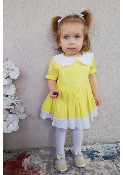 Dantel Detaylı Bebe Yaka Sarı Kız Çocuk Bebek Elbise 001