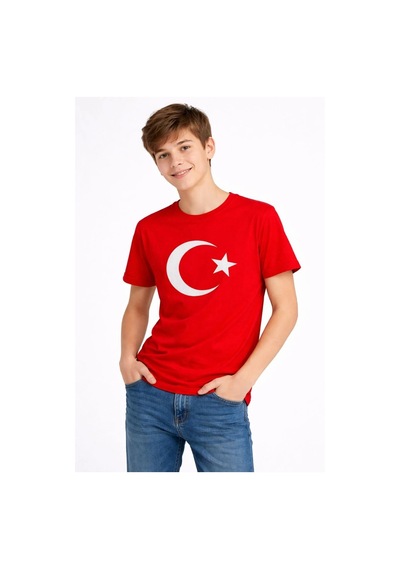 Wear Vexel Erkek Çocuk Tişört Bisiklet Yaka Ay Yıldız Bayrak Baskılı T-shirt - Kırmızı Çok Renkli
