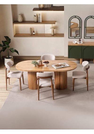 Gaia İskandinav Oval Natural Ahşap Bohem Masa 80x180 Natural Ayak - Natural Üst